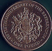 reverse of 1 Pound - Elizabeth II - 50th Anniversary of the Referendum of 1967 (2017) coin from Gibraltar. Inscription: FIFTIETH ANNIVERSARY OF THE REFERENDUM - ONE POUND - DIEU ET MON DROIT