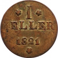 reverse of 1 Heller (1814 - 1837) coin with KM# 301 from German States. Inscription: * I * HELLER 1821 *