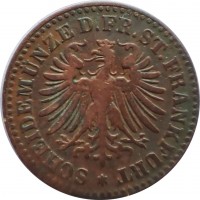 obverse of 1 Heller (1859 - 1865) coin with KM# 356 from German States. Inscription: SCHEIDEMÜNZE D. FR. ST. FRANKFURT