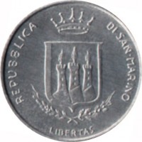 obverse of 2 Lire - Threat of Nuclear War (1983) coin with KM# 146 from San Marino. Inscription: REPUBBLICA DI SAN·MARINO LIBERTAS