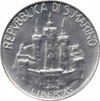 obverse of 2 Lire - Science for Mankind: Leonardo da Vinci (1984) coin with KM# 160 from San Marino. Inscription: REPVBBLICA DI SAN MARINO LIBERTAS