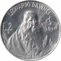 reverse of 2 Lire - Science for Mankind: Leonardo da Vinci (1984) coin with KM# 160 from San Marino. Inscription: LEONARDO DA VINCI L.2 1984