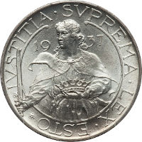 obverse of 10 Lire (1931 - 1938) coin with KM# 10 from San Marino. Inscription: IUSTITIA SUPREMA LEX ESTO