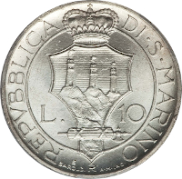 reverse of 10 Lire (1931 - 1938) coin with KM# 10 from San Marino. Inscription: REPVBBLICA DI·S·MARINO L. 10