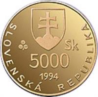 obverse of 5000 Korún - Svätopluk (1994) coin with KM# 29 from Slovakia. Inscription: SLOVENSKÁ REPUBLIKA 5000 Sk 1994