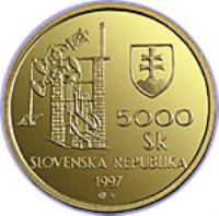 obverse of 5000 Korún - Banská Štiavnica UNESCO 1997 (1997) coin with KM# 36 from Slovakia. Inscription: SLOVENSKÁ REPUBLIKA 5000 Sk 1997