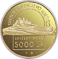 reverse of 5000 Korún - Spišský Hrad UNESCO 1998 (1998) coin with KM# 46 from Slovakia. Inscription: SVETOVÉ DEDIČSTVO UNESCO SPIŠSKÝ HRAD 5000 Sk