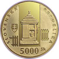 obverse of 5000 Korún - Vlkolínec UNESCO (2002) coin with KM# 61 from Slovakia. Inscription: SLOVENSKÁ REPUBLIKA 5000 Sk