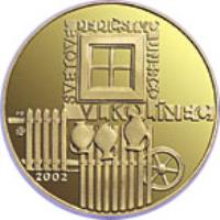 reverse of 5000 Korún - Vlkolínec UNESCO (2002) coin with KM# 61 from Slovakia. Inscription: SVETOVÉ DEDIČSTVO UNESCO VLKOLÍNEC 2002