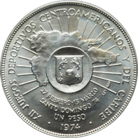 reverse of 1 Peso - 12th Central American and Caribbean Games (1974) coin with KM# 35 from Dominican Republic. Inscription: XII JUEGOS DEPORTIVOS CENTROAMERICANOS Y DEL CARIBE 27 febrero .13 marzo SANTO DOMINGO 74 Ley 900 UN PESO 1974