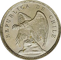 obverse of 40 Centavos (1907 - 1908) coin with KM# 163 from Chile. Inscription: REPUBLICA DE CHILE