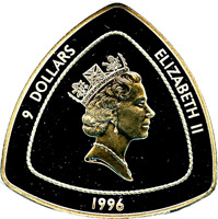 obverse of 9 Dollars - Elizabeth II - Bermuda Triangle (1996) coin with KM# 96 from Bermuda. Inscription: 9 DOLLARS ELIZABETH II 1996