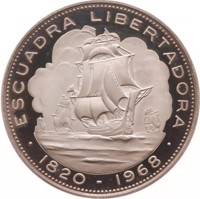 obverse of 10 Pesos - Arrival of Liberation Fleet in 1820 under command of Lord Cochrane (1968) coin with KM# 183 from Chile. Inscription: ESCUADRA LIBERTADORA · 1820 - 1968 ·