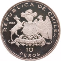 reverse of 10 Pesos - Arrival of Liberation Fleet in 1820 under command of Lord Cochrane (1968) coin with KM# 183 from Chile. Inscription: REPUBLICA DE CHILE 1968 So 10 PESOS