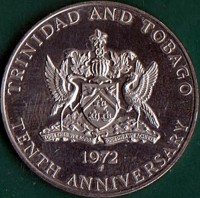 obverse of 1 Dollar - Elizabeth II - 10th Anniversary of Independence (1972) coin with KM# 14 from Trinidad and Tobago. Inscription: TRINIDAD AND TOBAGO 1972 FM TENTH ANNIVERSARY