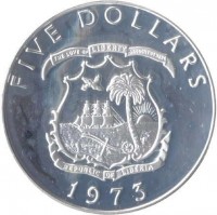 obverse of 5 Dollars (1973 - 1978) coin with KM# 29 from Liberia. Inscription: FIVE DOLLARS THE LOVE OF LIBERTY BROUGHT US HERE REPUBLIC OF LIBERIA 1973