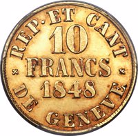 reverse of 10 Francs (1848) coin with KM# 139 from Swiss cantons. Inscription: REP · ET CANT 10 FRANCS 1848 DE GENEVE