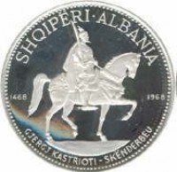 reverse of 10 Lekë - 500th Anniversary of Skanderbeg's Death (1968 - 1970) coin with KM# 50 from Albania. Inscription: SHQIPËRI·ALBANIA 1468 1968 GJERGJ KASTRIOTI - SKËNDERBEU