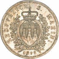 obverse of 5 Lire (1898) coin with KM# 6 from San Marino. Inscription: RESPVBLICA S. MARINI LIBERTAS 1898