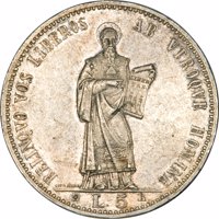 reverse of 5 Lire (1898) coin with KM# 6 from San Marino. Inscription: RELINQVO VOS LIBEROS AB VTROQVE HOMINE LIBERTAS SPERANZA * L. 5 R