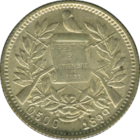 obverse of 1 Real (1899 - 1900) coin with KM# 174 from Guatemala. Inscription: LIBERTAD 15 DE SETIEMBRE DE 1821 0,500 1899