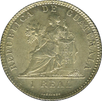 reverse of 1 Real (1899 - 1900) coin with KM# 174 from Guatemala. Inscription: REPUBLICA DE GUATEMALA 30 DE JUNIO DE 1871 1 REAL LAGRANGE