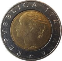 obverse of 500 Lire - 500th Anniversary to Publication of Mathematical Work by Luca Pacioli (1994) coin with KM# 167 from Italy. Inscription: REPUBLICA ITALIANA