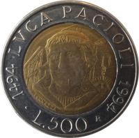 reverse of 500 Lire - 500th Anniversary to Publication of Mathematical Work by Luca Pacioli (1994) coin with KM# 167 from Italy. Inscription: LUCA PACIOLI 1494 1994 L.500