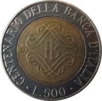 reverse of 500 Lire - Bank of Italy Centennial (1993) coin with KM# 160 from Italy. Inscription: CENTENARIO DELLA BANCA D'ITALIA 1893 1993 L.500