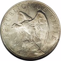 obverse of 1 Peso (1895 - 1897) coin with KM# 152.1 from Chile. Inscription: REPUBLICA DE CHILE TASSET O.Roty