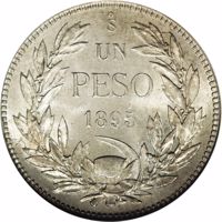 reverse of 1 Peso (1895 - 1897) coin with KM# 152.1 from Chile. Inscription: So UN PESO 1895