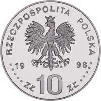 obverse of 10 Złotych - XVIIIth Winter Olympic Games - Nagano 1998 (1998) coin with Y# 341 from Poland. Inscription: RCZECZPOSPOLITA POLSKA mw 19 98 ZŁ 10 ZŁ