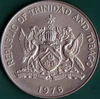 obverse of 1 Dollar (1976 - 1984) coin with KM# 34 from Trinidad and Tobago. Inscription: REPUBLIC OF TRINIDAD AND TOBAGO TOGETHER WE ASPIRE TOGETHER WE ACHIEVE FM 1976