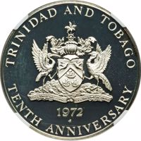 obverse of 5 Dollars - Elizabeth II - 10th Anniversary of Independence (1972) coin with KM# 15 from Trinidad and Tobago. Inscription: TRINIDAD AND TOGABO TOGETHER WE ASPIRE TOGETHER WE ACHIEVE 1972 FM TENTH ANNIVERSARY