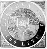 obverse of 100 Litų - 400th anniversary of the issuance of the first map of the Grand Duchy of Lithuania (2013) coin with KM# 198 from Lithuania. Inscription: LIETUVA 2013 100 LITŲ