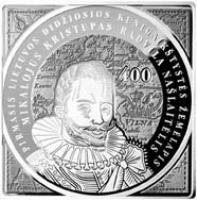 reverse of 100 Litų - 400th anniversary of the issuance of the first map of the Grand Duchy of Lithuania (2013) coin with KM# 198 from Lithuania. Inscription: PIRMASIS LIETUVOS DIDŽIOSIOS KUNIGAIKŠTYSTĖS ŽEMĖLAPIS MIKALOJUS KRISTUPAS RADVILA NAŠLAITĖLIS 4