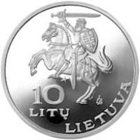 obverse of 10 Litų - 5th World Lithuanians Sport Games (1995) coin with KM# 97 from Lithuania. Inscription: 10 LITŲ LIETUVA