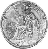 obverse of 20 Centimes (1909) coin with KM# 13 from French Indochina. Inscription: REPUBLIQUE FRANÇAISE 1909 BARRE