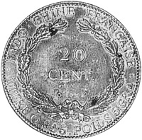 reverse of 20 Centimes (1909) coin with KM# 13 from French Indochina. Inscription: INDO-CHINE FRANÇAISE 20 CENT. ·TITRE 0.900 . POIDS 5 GR 4·