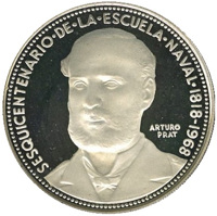 obverse of 5 Pesos - 150th Anniversary of Naval Academy (1968) coin with KM# 182 from Chile. Inscription: SESQUICENTENARIO·DE·LA·ESCUELA·NAVAL·1818-1968. ARTURO PRAT