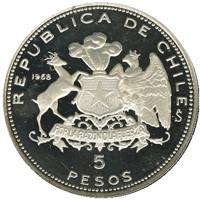 reverse of 5 Pesos - 150th Anniversary of Naval Academy (1968) coin with KM# 182 from Chile. Inscription: REPUBLICA DE CHILE 1968 So 5 PESOS