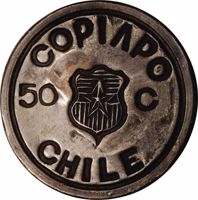 obverse of 50 Centavos (1865) coin with KM# 3 from Chile. Inscription: COPIAPO 50 c CHILE