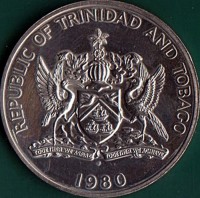 obverse of 5 Dollars (1976 - 1984) coin with KM# 35 from Trinidad and Tobago. Inscription: REPUBLIC OF TRINIDAD AND TOBAGO TOGETHER WE ASPIRE, TOGETHER WE ACHIEVE FM 1980