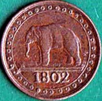 obverse of 1/192 Rixdollar - George III (1802 - 1804) coin with KM# 73 from Ceylon. Inscription: 1802