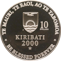 obverse of 10 Dollars - The New Millennium (2000) coin with KM# 38 from Kiribati. Inscription: TE MAURI,TE RAOI, AO TE TABOMOA 10 DOLLARS FM KIRIBATI 2000 BE BLESSED FOREVER