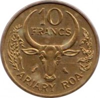 reverse of 10 Francs - FAO (1970 - 1989) coin with KM# 11 from Madagascar. Inscription: 10 FRANCS ARIARY ROA