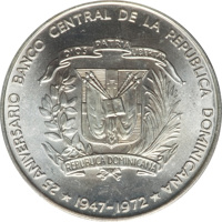 obverse of 1 Peso - 25th Anniversary of the Central Bank (1972) coin with KM# 34 from Dominican Republic.