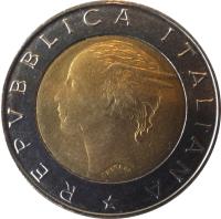 obverse of 500 Lire - 50th Anniversary to National Police Code (1997) coin with KM# 187 from Italy. Inscription: REPVBBLICA ITALIANA