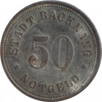 reverse of 50 Pfenning - Backnang (1918) coin with F# 25.5 from Germany. Inscription: STADT BACKNANG * NOTGELD * 50