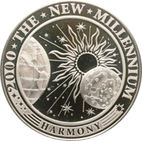 reverse of 5 Dollars - The New Millennium (2000) coin with KM# 37 from Kiribati. Inscription: 2000 * THE * NEW * MILLENNIUM * HARMONY